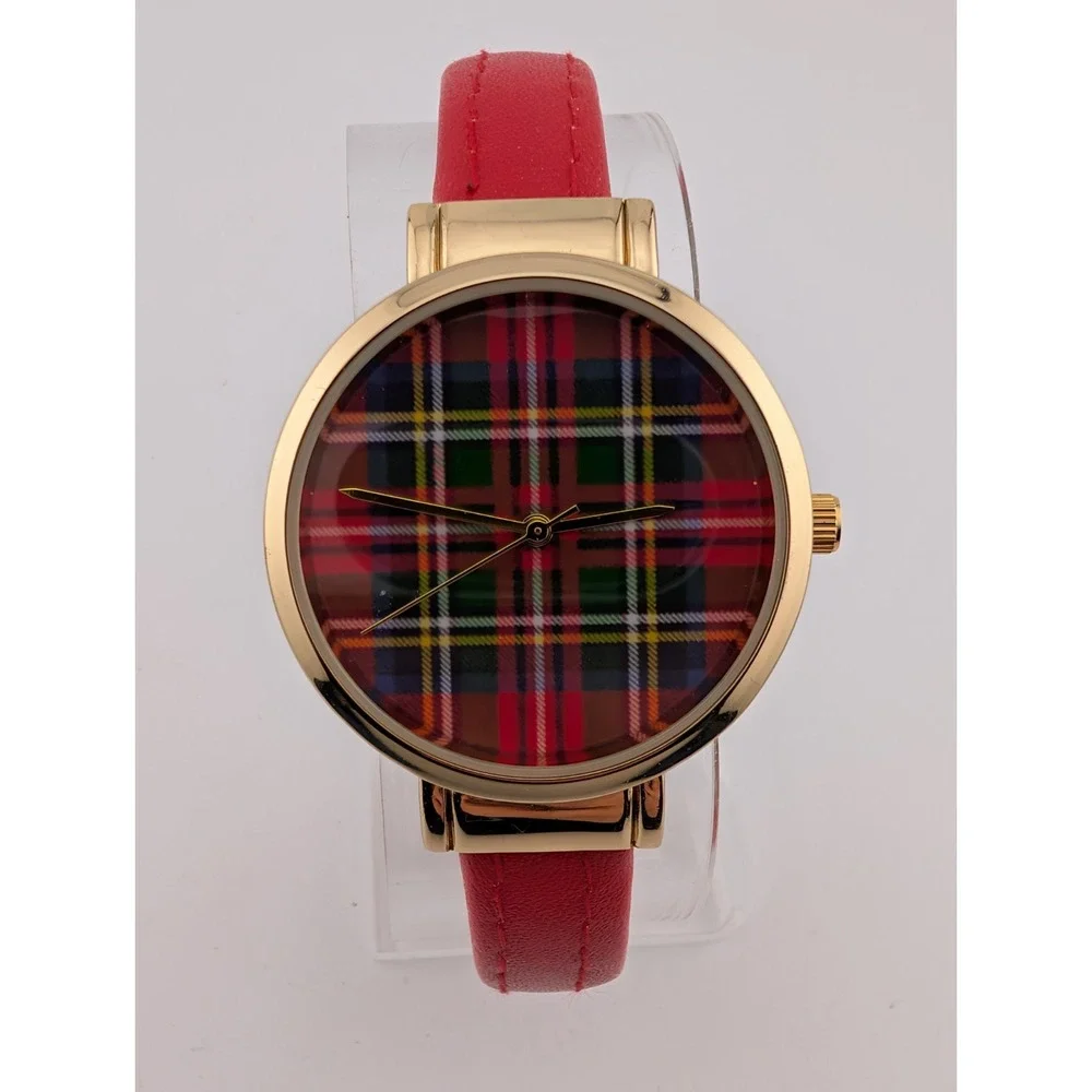 Women's Red/Green Plaid Dial Watch Gold 35mm Case Red Bangle Band- New Battery